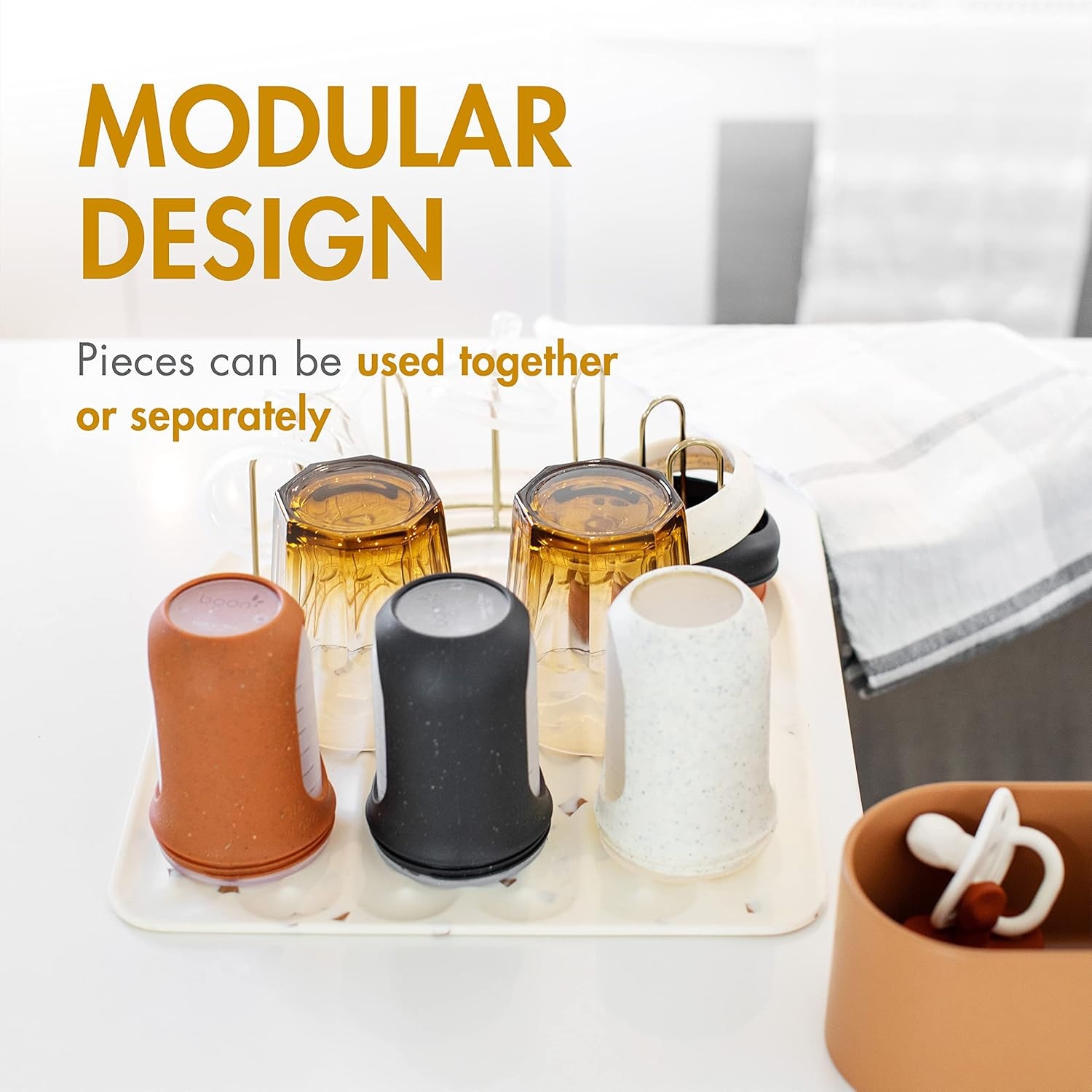 image:imageBoon ARC Modular Baby Bottle Drying Rack Includes Silicone Drying Mat Accessory Cup and 7Prong Wire Bottle Rack Baby Essentials