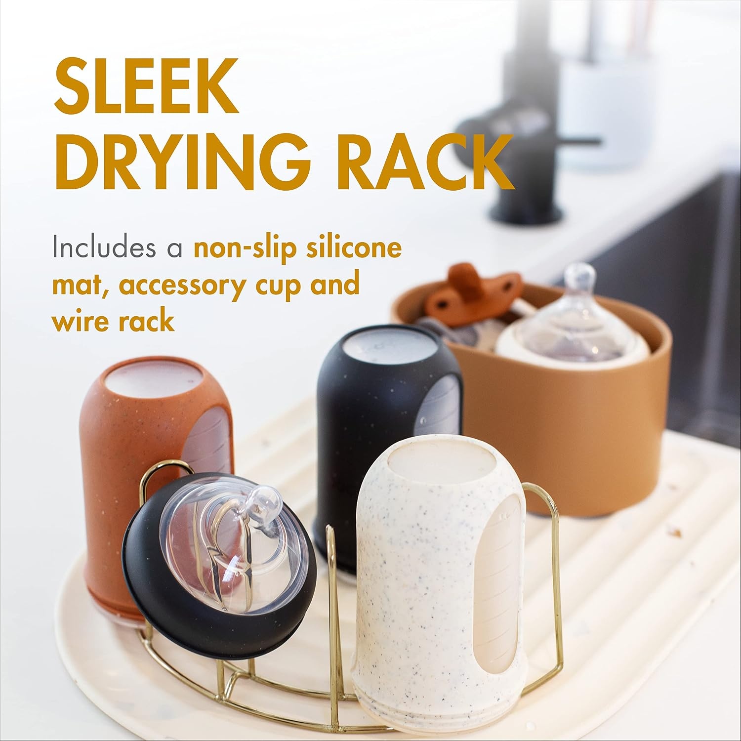 image:imageBoon ARC Modular Baby Bottle Drying Rack Includes Silicone Drying Mat Accessory Cup and 7Prong Wire Bottle Rack Baby Essentials