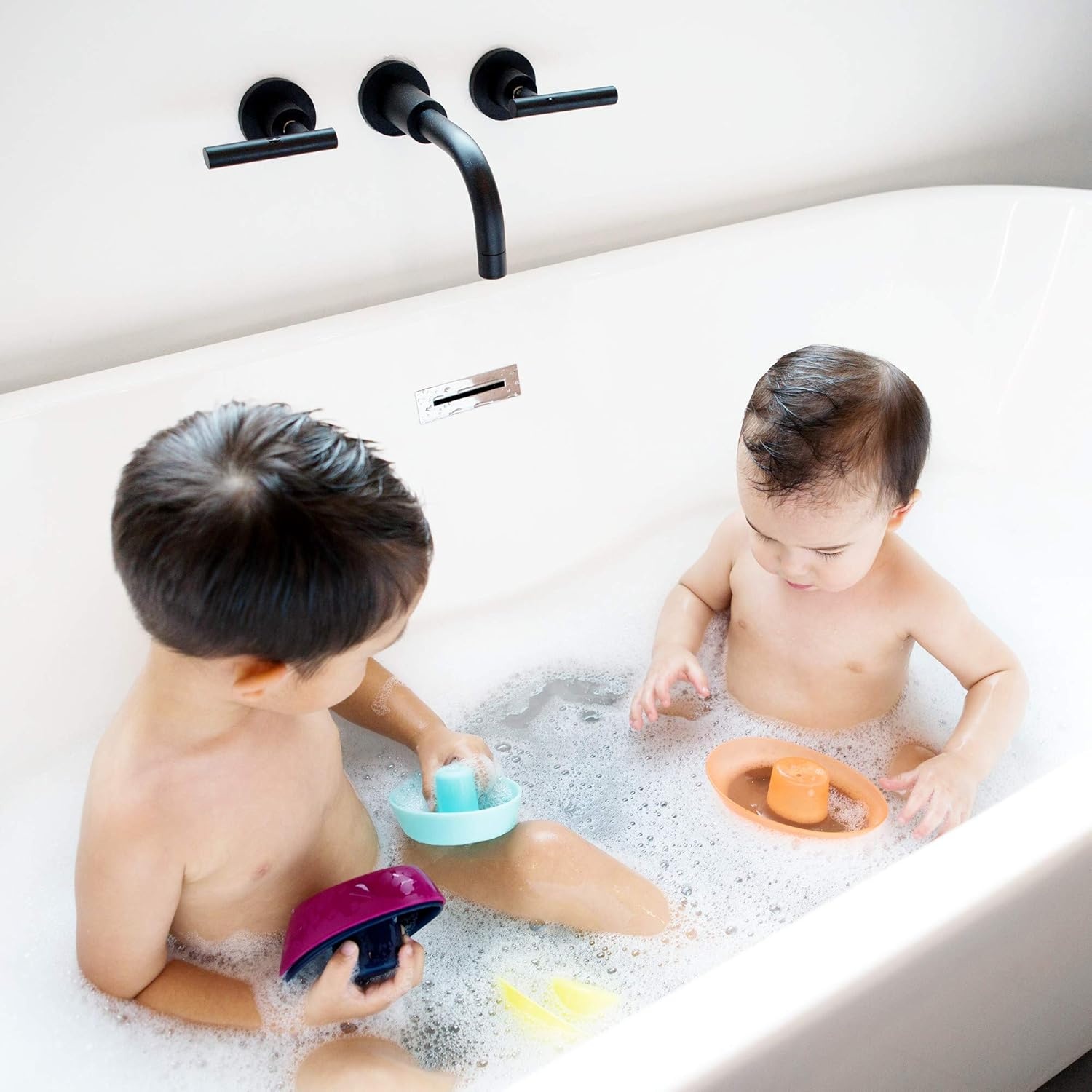 image:imageBoon Fleet Toy Boat Baby Bath Toys Stacking Boat Toy Set for Bath Time Fun Toddler and Baby Stacking Bathtub Toys With Drain Holes 5 Count Ages 10 Months and UpNavy Multicolor