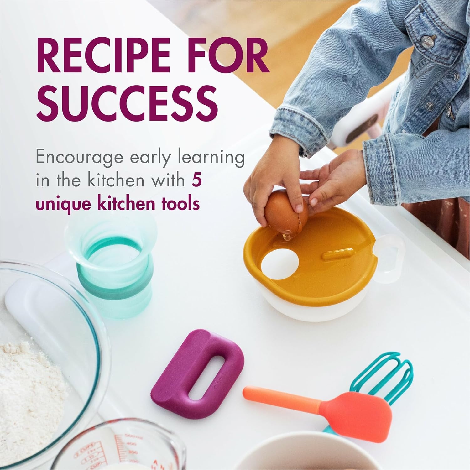image:imageBoon Intro Toddler Food Prep Set Kids Kitchen Tools 5 Unique Toddler Kitchen Accessories Includes Spatula Egg Cracker Chopper Measuring Cup Bowl Ages 3 Years