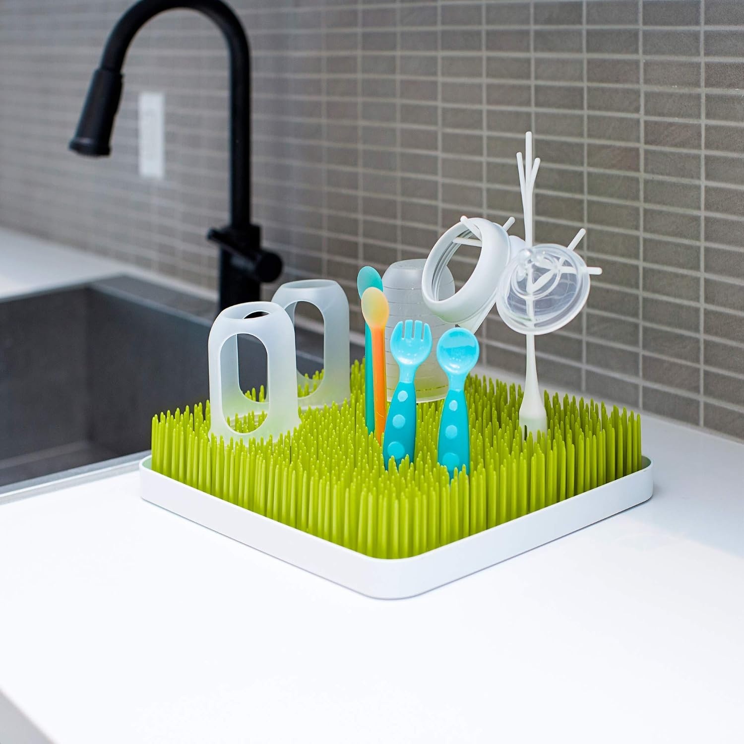 image:imageBoon Lawn Countertop Baby Bottle Drying Rack with Antimicrobial Tray Spring Green Bottle Rack and Organizer Baby Feeding Essentials 135 x 11 x 25 1 CountGreen