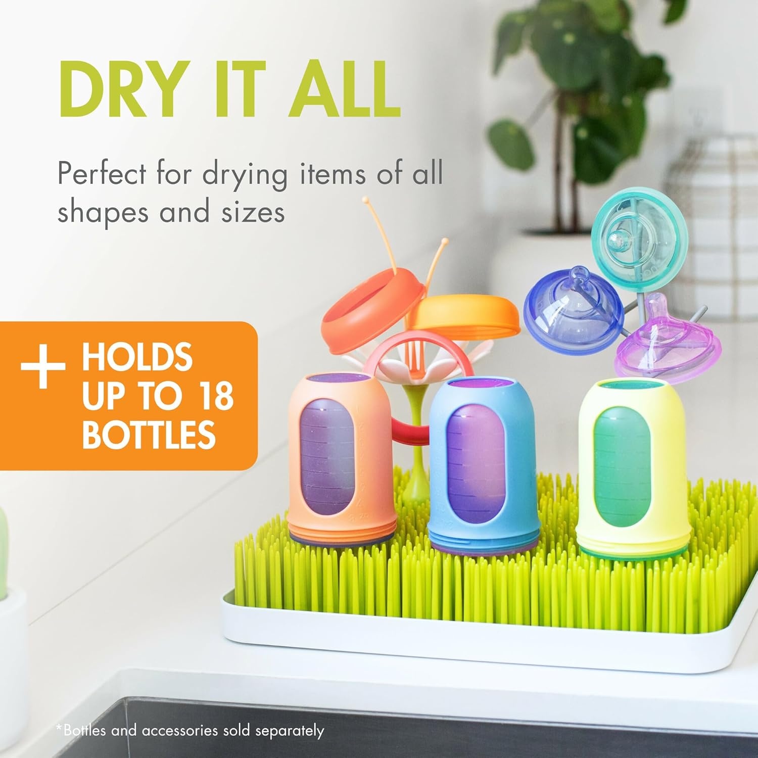image:imageBoon Lawn Countertop Baby Bottle Drying Rack with Antimicrobial Tray Spring Green Bottle Rack and Organizer Baby Feeding Essentials 135 x 11 x 25 1 CountGreen