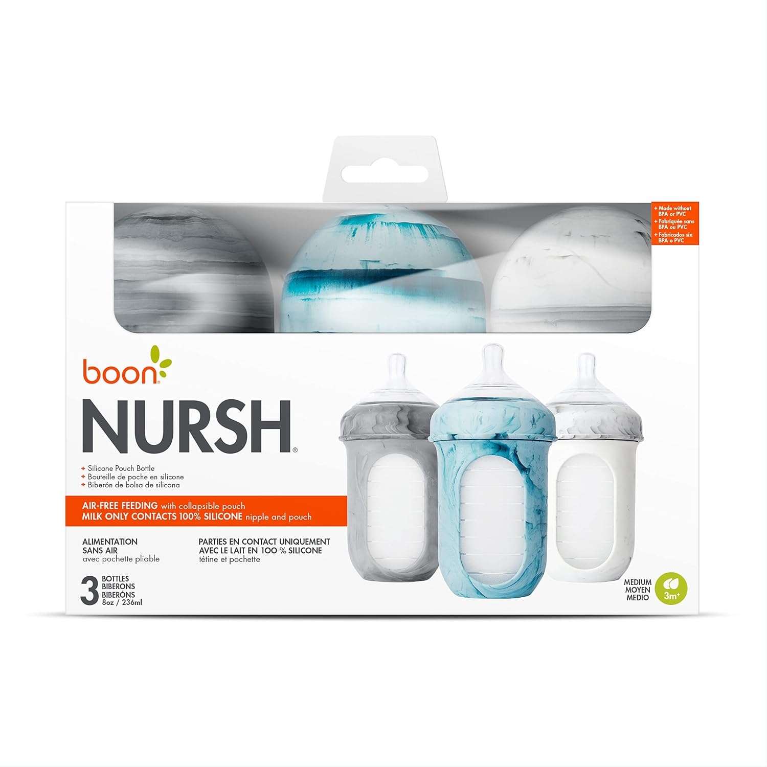 image:imageBoon Nursh Bottles Medium Flow Silicone Baby Bottles Help Ease Colic Symptoms Formula and Breast Milk Only Touch Platinum FoodSafe Silicone Mint 36 Months 3 Count 8 OunceTie Dye