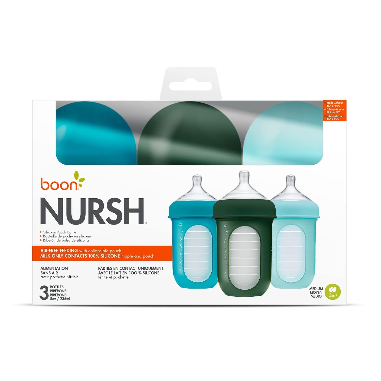 image:imageBoon Nursh Bottles Medium Flow Silicone Baby Bottles Help Ease Colic Symptoms Formula and Breast Milk Only Touch Platinum FoodSafe Silicone Mint 36 Months 3 Count 8 OunceBlue