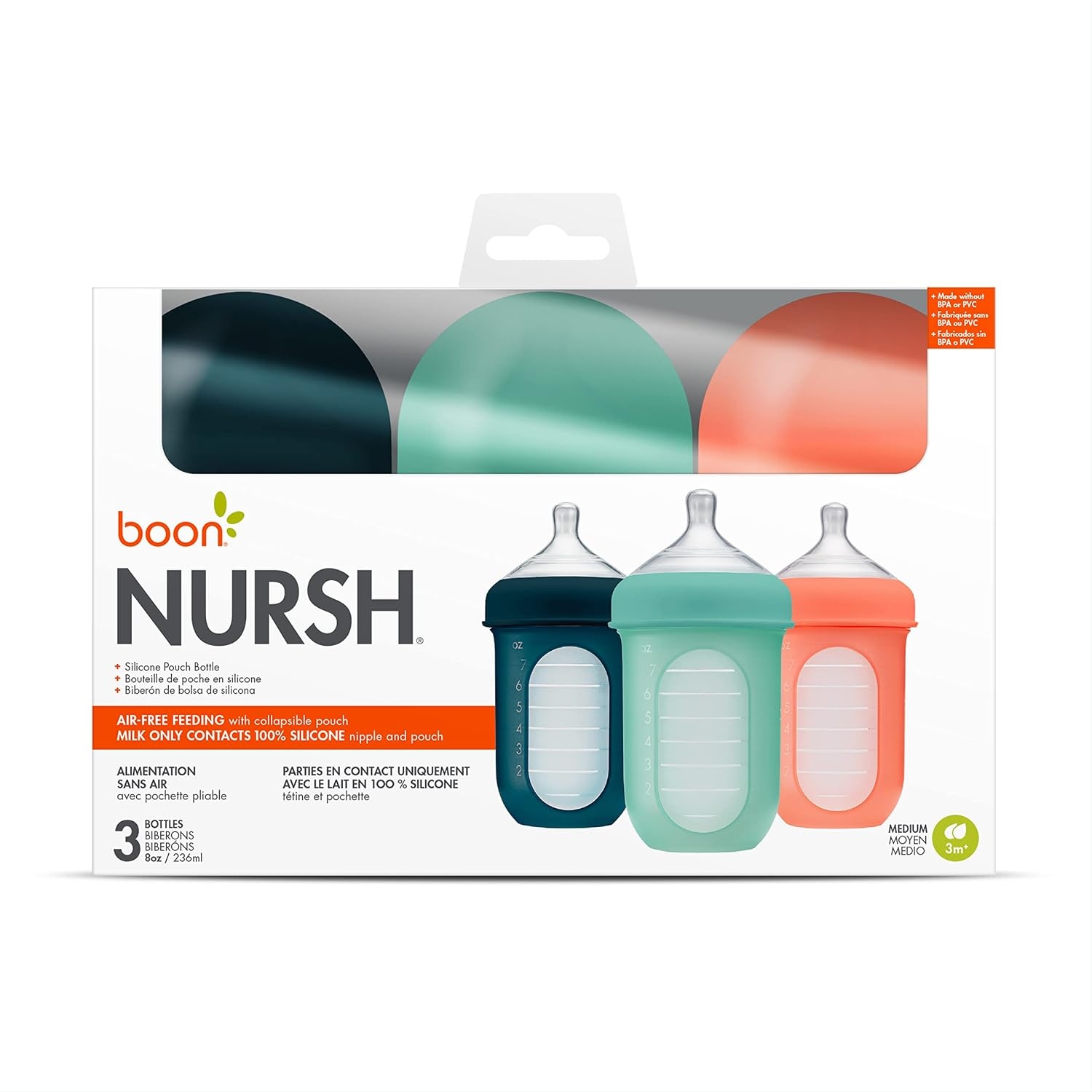 image:imageBoon Nursh Bottles Medium Flow Silicone Baby Bottles Help Ease Colic Symptoms Formula and Breast Milk Only Touch Platinum FoodSafe Silicone Mint 36 Months 3 Count 8 OunceMint