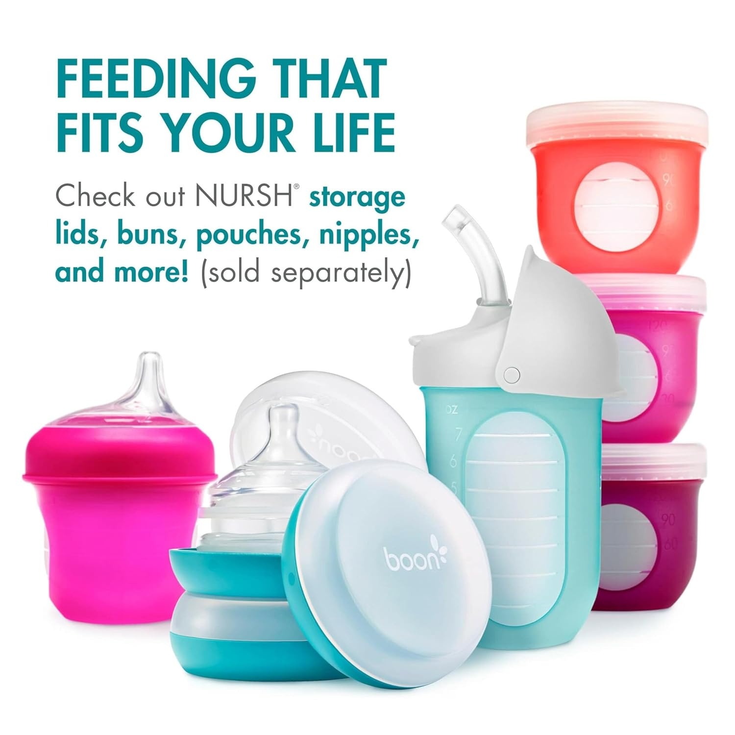 image:imageBoon Nursh Bottles Slow Flow Silicone Baby Bottles Help Ease Colic Symptoms Formula and Breast Milk Only Touch Platinum FoodSafe Silicone Pink 03 Months 3 Count 4 OunceBlue