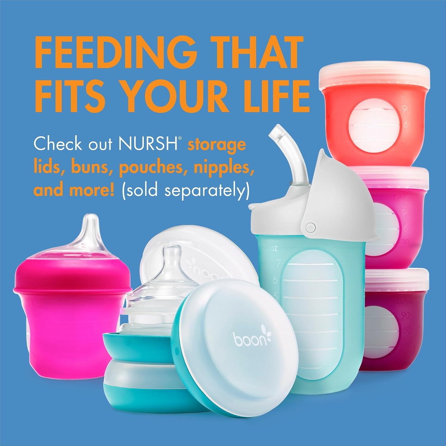 image:imageBoon Nursh Bottles Slow Flow Silicone Baby Bottles Help Ease Colic Symptoms Formula and Breast Milk Only Touch Platinum FoodSafe Silicone Pink 03 Months 3 Count 4 OunceColor Block