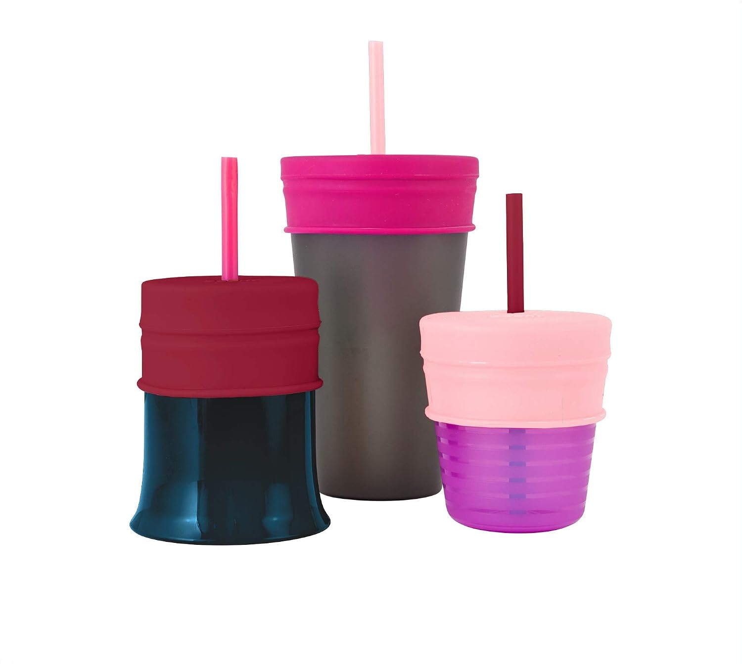image:imageBoon SNUG Silicone Straw Sippy Cup Set of 3 Lids 3 Straws amp Toddler Cup Convert Kids Cups MintPink