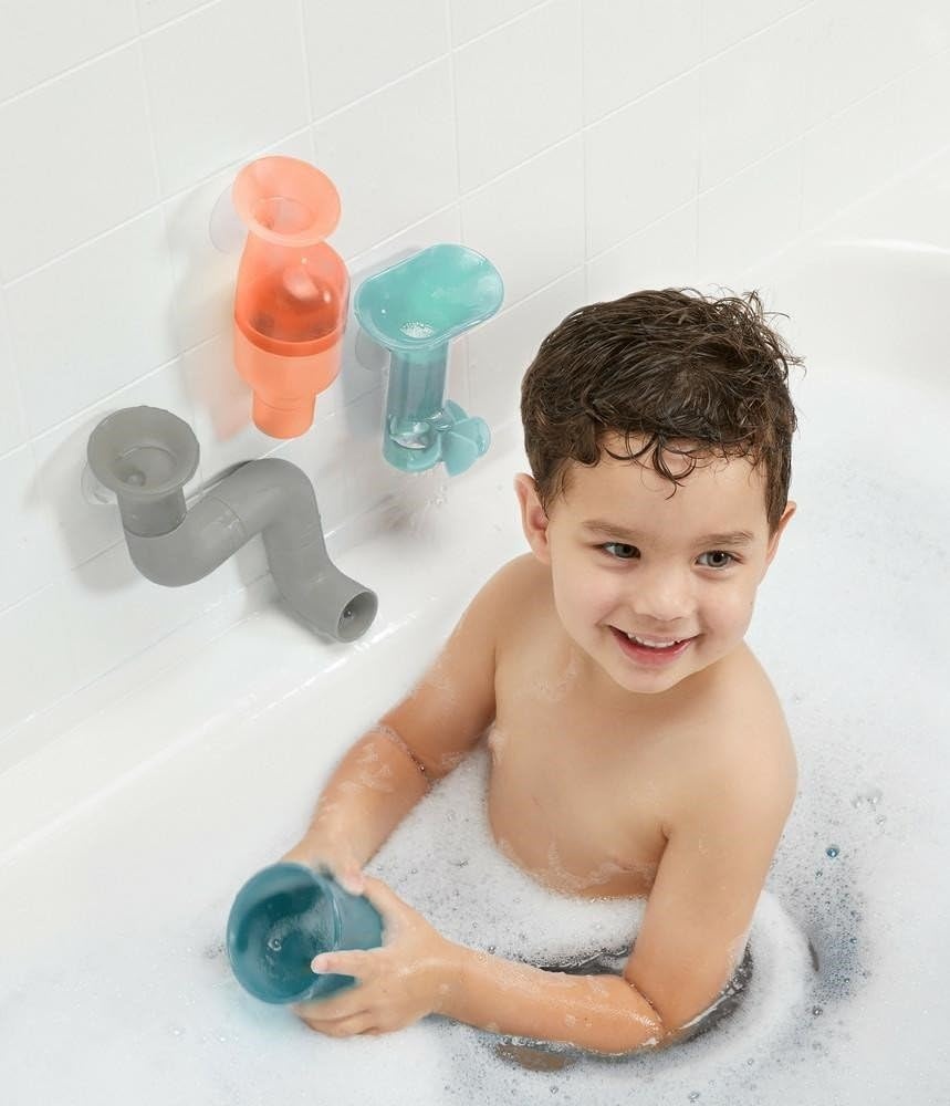 image:imageBoon Tubes Toddler Bath Toys Bathtub Building Toys with Suction Cups Toddler Sensory Toys and Bathtub Essentials Blue 3 Count Kids Ages 12 Months and UpGray
