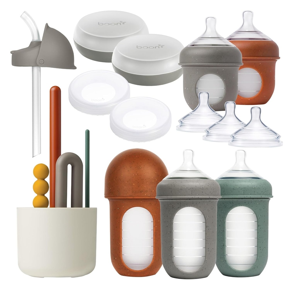 image:imageBoon Nursh Baby Bottle Gift Set Baby Feeding Essentials for New Moms Includes 4 Oz and 8 Oz Baby Bottles Storage Lids Fast Flow Nipples Storage Buns Straw Lid and Mod Baby Bottle Brush Set