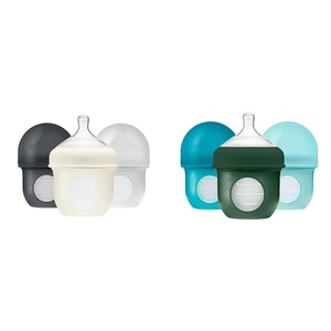 Boon Nursh Reusable Silicone Baby Bottles with Collapsible Pouch – Stage 1 Slow Flow – Gray & Blue – 4 Oz – 3 Count Each(Gray)
