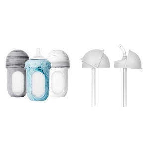 Boon Nursh Silicone Baby Bottles with Conversion Straw Sippy Cup Lids – Stage 2 Medium Flow Nipples – 8 Oz – 3 Count