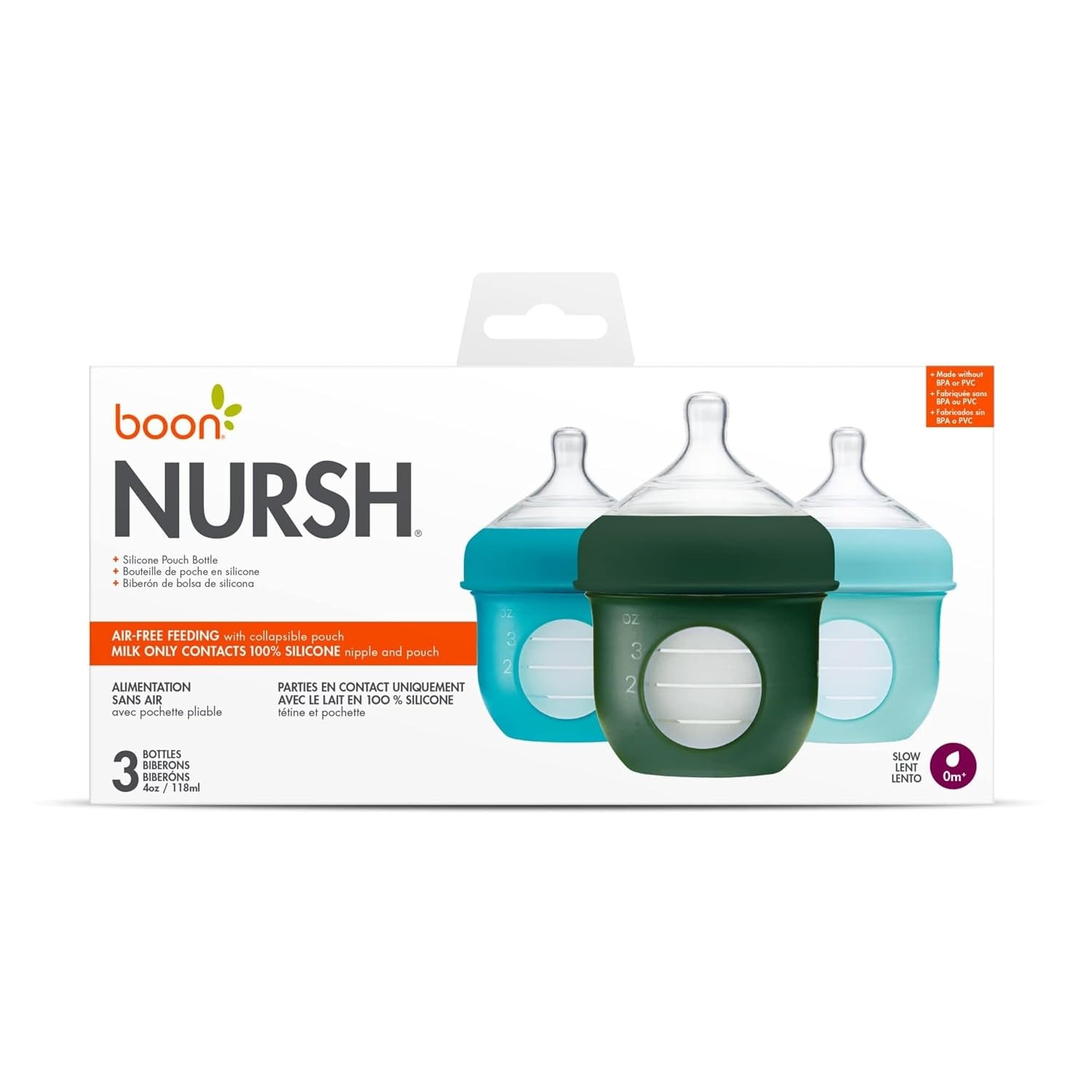 image:imageBoon Nursh Reusable Silicone Pouch Baby Bottles Slow Flow Nipple Silicone Baby Bottle Pouch and Nipple Baby Feeding Essentials Mint 03 Months 3 Count 4 OunceBlue