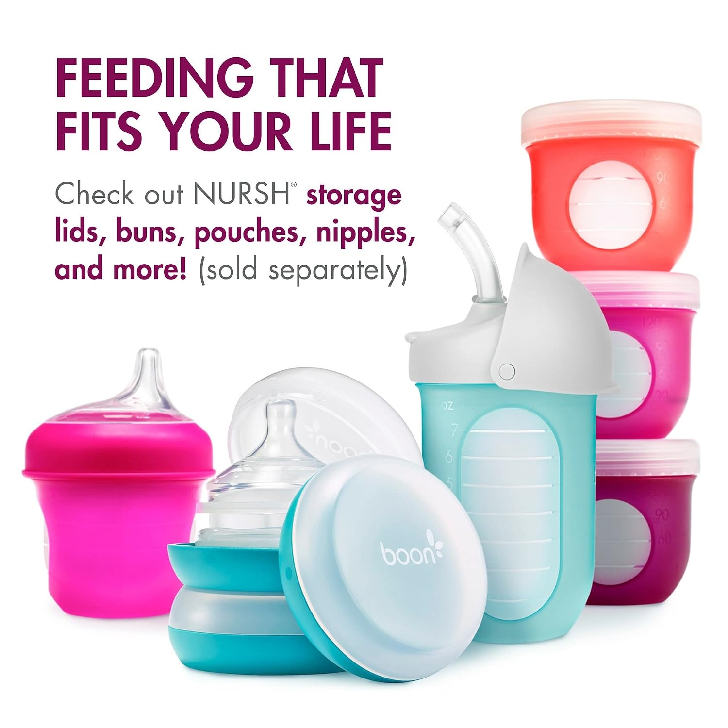 image:imageBoon Nursh Reusable Silicone Pouch Baby Bottles Slow Flow Nipple Silicone Baby Bottle Pouch and Nipple Baby Feeding Essentials Mint 03 Months 3 Count 4 OuncePink