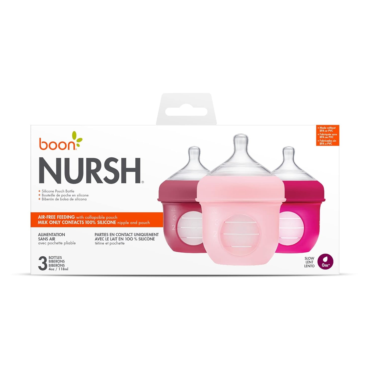 image:imageBoon Nursh Reusable Silicone Pouch Baby Bottles Slow Flow Nipple Silicone Baby Bottle Pouch and Nipple Baby Feeding Essentials Mint 03 Months 3 Count 4 OuncePink