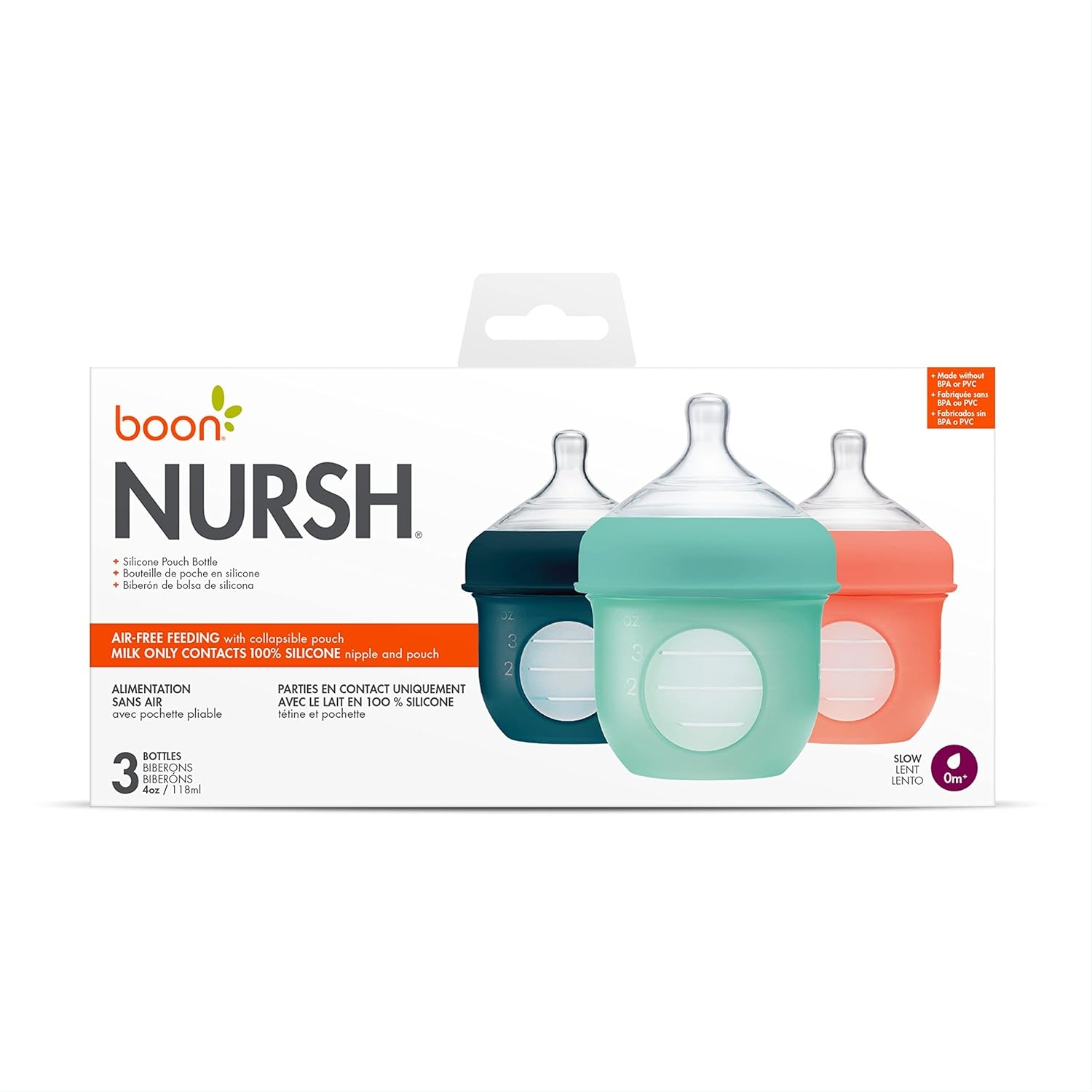 image:imageBoon Nursh Reusable Silicone Pouch Baby Bottles Slow Flow Nipple Silicone Baby Bottle Pouch and Nipple Baby Feeding Essentials Mint 03 Months 3 Count 4 OunceMint