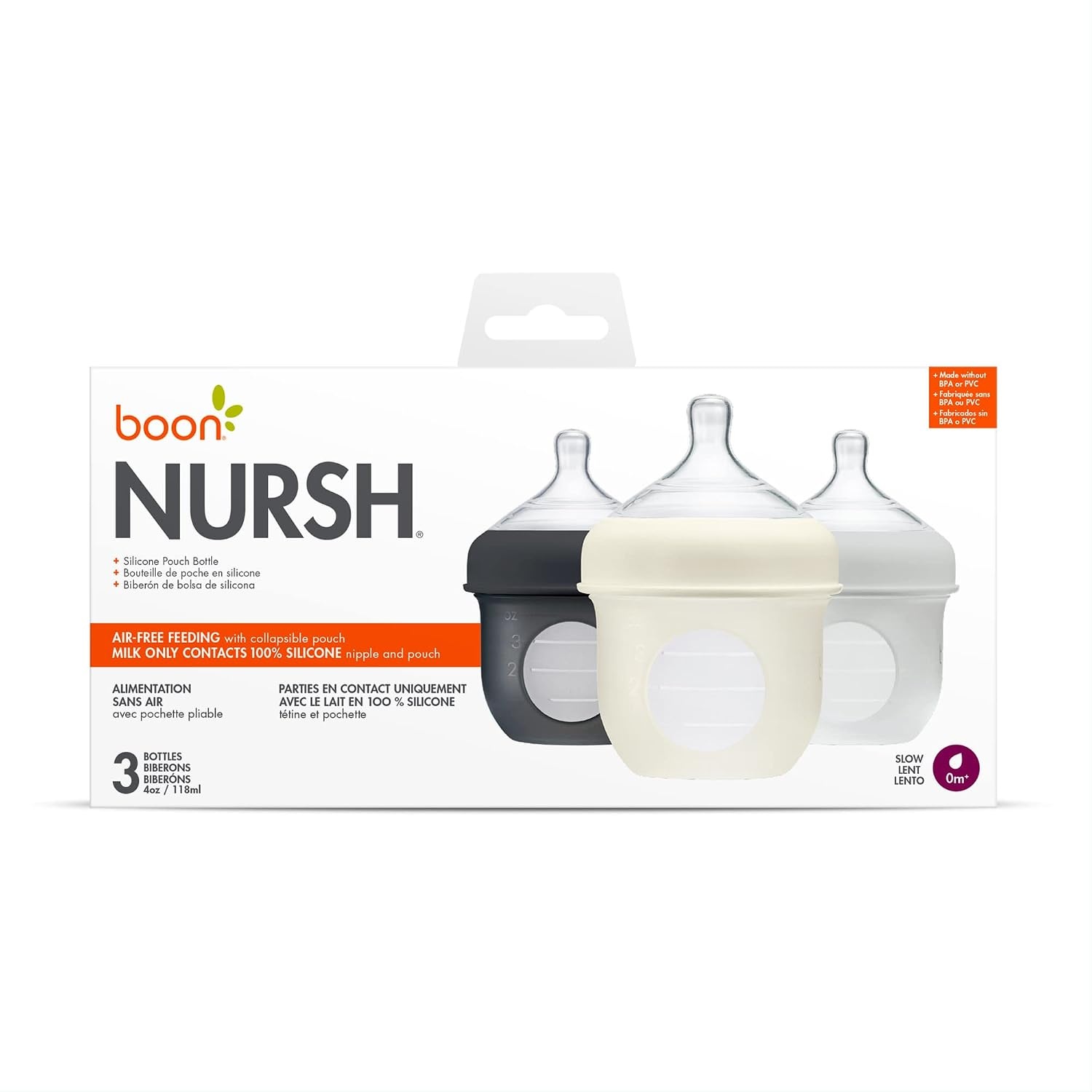 image:imageBoon Nursh Reusable Silicone Pouch Baby Bottles Slow Flow Nipple Silicone Baby Bottle Pouch and Nipple Baby Feeding Essentials Mint 03 Months 3 Count 4 OunceGray