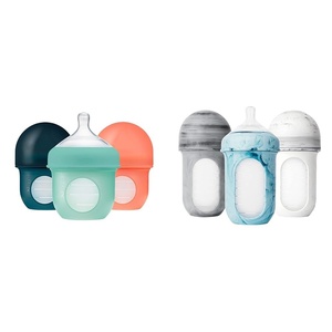 Boon Nursh Reusable Silicone Baby Bottles with Collapsible Pouch – Stage 1 Slow & Stage 2 Medium Flow – Mint & Tie Dye – 3 Count Each