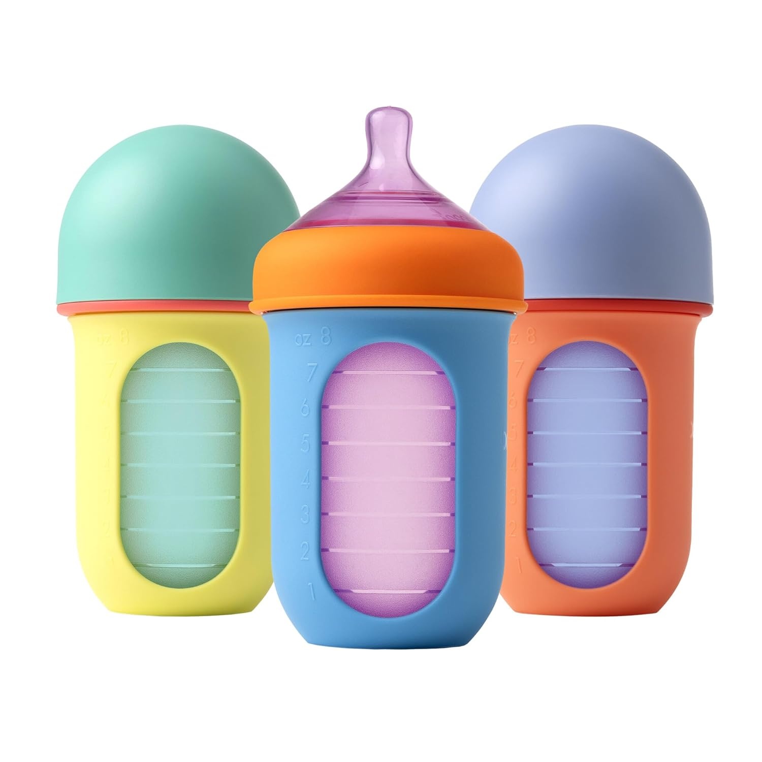 image:imageBoon Nursh Reusable Baby Bottle with Silicone Pouch Design Bundle Stage 2 Medium Flow 8 Oz Baby Bottles Silicone Straw Sippy Cup Conversion Lids for Nursh Bottles 2 Count