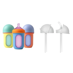 Boon Nursh Reusable Baby Bottle with Silicone Pouch Design Bundle – Stage 2 Medium Flow 8 Oz Baby Bottles, Silicone Straw Sippy Cup Conversion Lids for Nursh Bottles – 2 Count